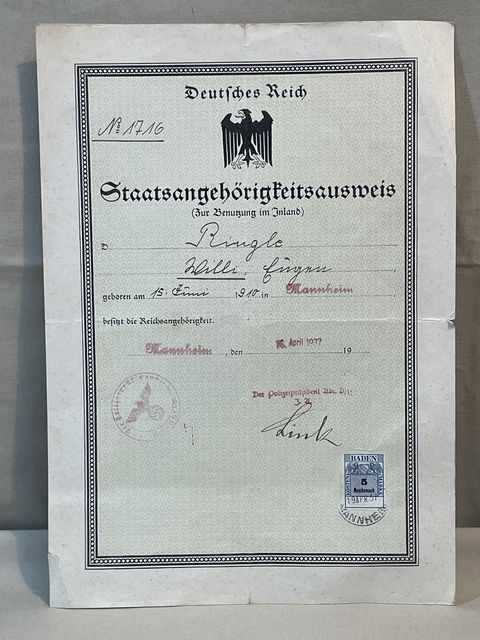 Bunker Militaria: Original WWII German Citizenship ID (For Domestic Use ...