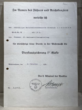 Original 1936 German Kriegsmarine Soldier's Armed Forces 4-Year Service Award Document