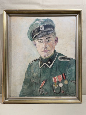 Original WWII German LARGE Framed Oil Painting, Decorated Waffen-SS NCO