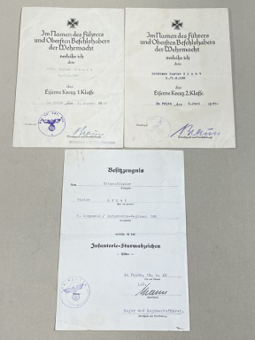 Original WWII German Soldier's Award Documents Set, Iron Cross 1st and 2nd Classes Infantry Assault