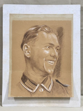 Original WWII German Army Soldier Pastel Drawing on Backing