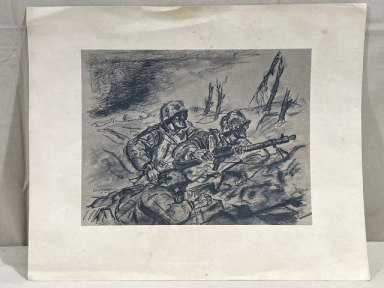 Original WWII German Charcoal Drawing Print, Soldiers with MG34