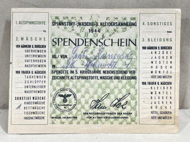 Original WWII German Clothing Donation Form, SPENDENSCHEIN