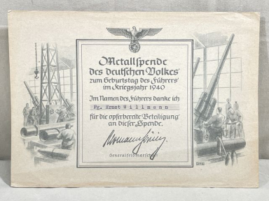 Original WWII German Metal Donation Document for 1940