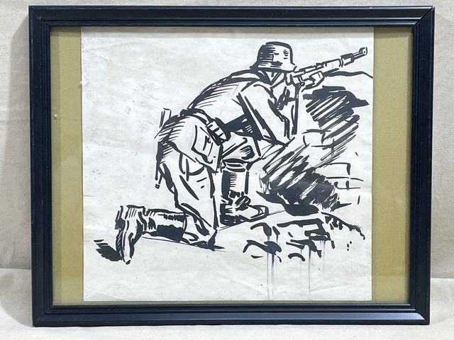 Bunker Militaria: Original Wwii German Framed Drawing Of A Soldier With 